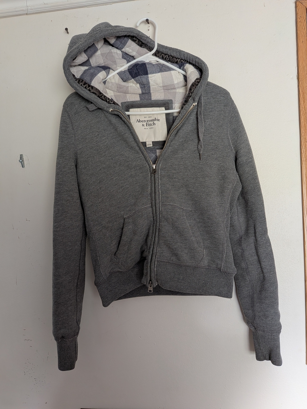 Abercrombie & Fitch Gray Zip-Up Hooded Jacket with Plaid Lining